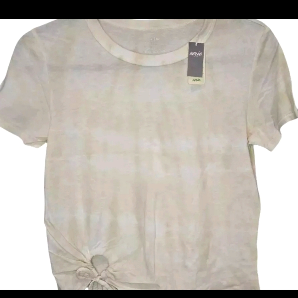 Aerie Womens Tee Shirt Cropped Top Front Tie Cream Tie-Dye Loungewear Size XS